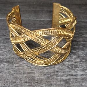 Vtg 80s Wide Cuff Bracelet Gold Tone Braided Cable Chain Bold Chunky
